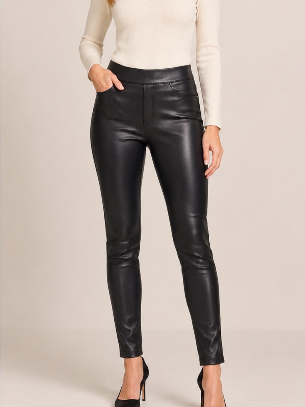 HUE Black Faux Leather Mid-Rise Legging